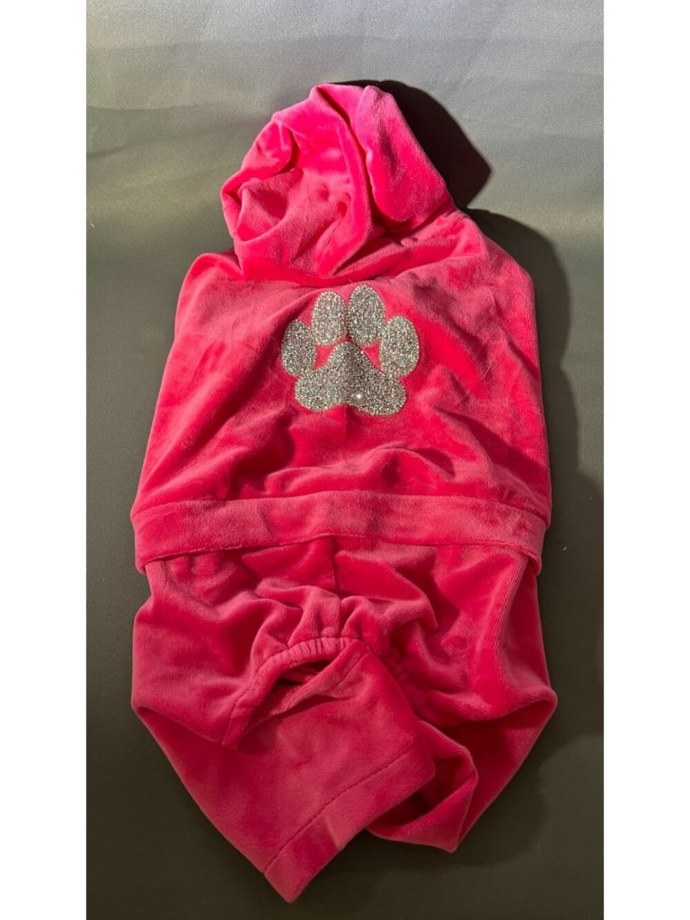 Isaac Mizrahi Pet Hoodie Pink Velour Fabric Glitter Paw Design Small Dog Size